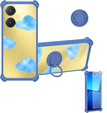 OSNCG Case Compatible for Vivo Y27s Phone Case Cover [with Tempered Glass Screen Protector][Hard PC + Soft Silicone][Ring Support] [Golden Reflect Light] DJL-LSY