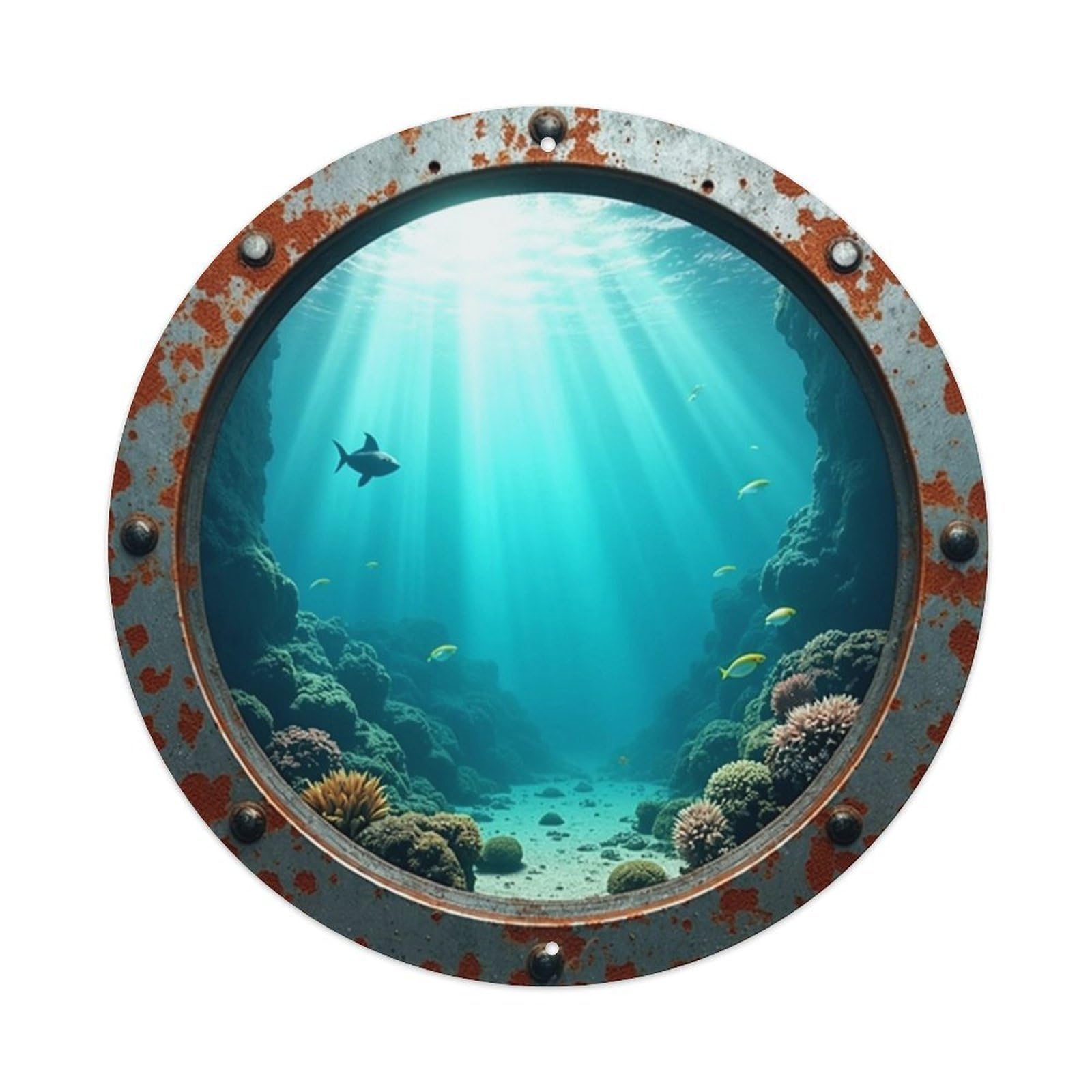 Underwater Coral Reef Scene View Vintage Round Tin Sign Retro Metal Wall Decor Metal Poster, Home Bar Garage Cafe Wall Art Decoration 8x8Inches