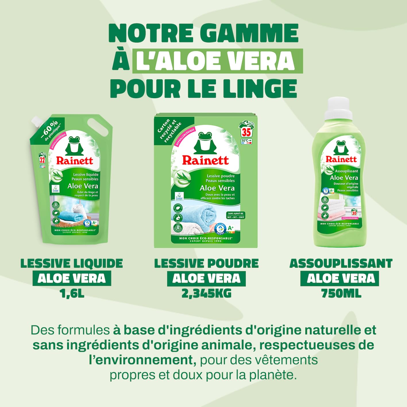 RAINETT - Lessive Poudre Peaux Sensibles - Formule Hypoallergénique - Tensioactifs d'Origine Végétale - Carton Recyclé & Recyclable - Ecolabel - Aloe Vera - 35 Lavages - 2,345 kg