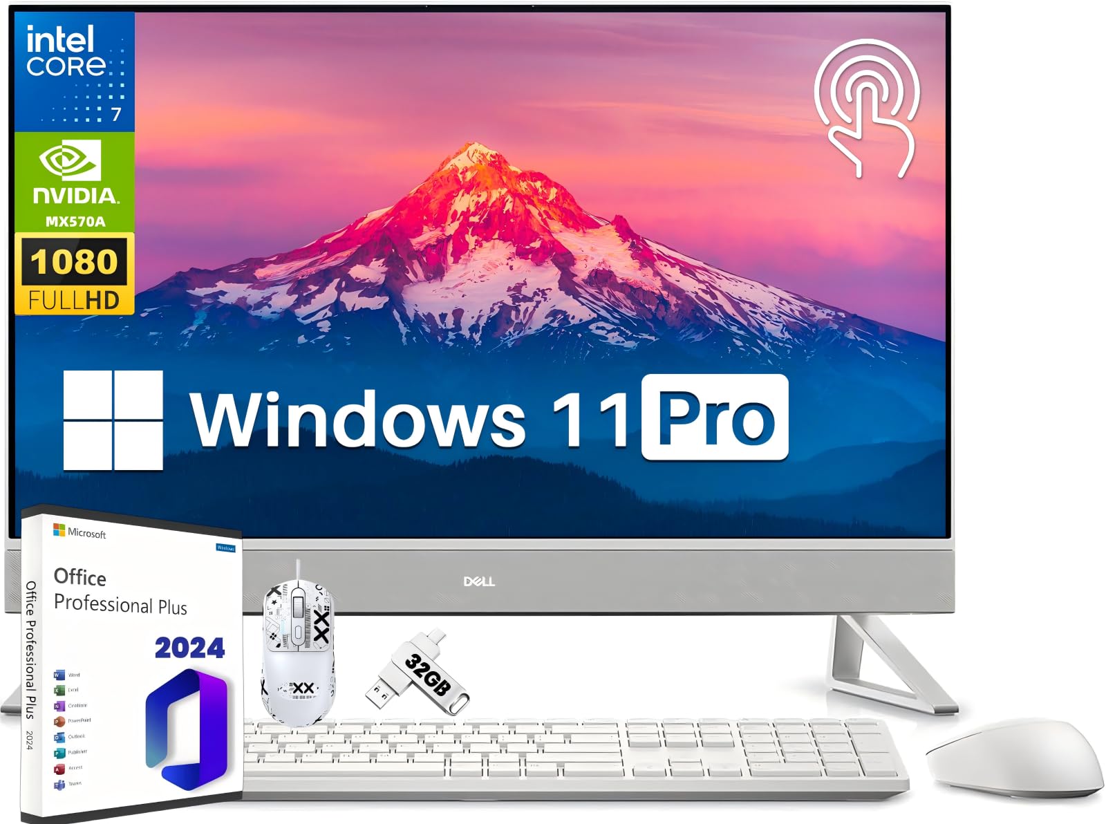 Dell Inspiron 27" FHD Touchscreen Business All-in-One Desktop Computer, 2024 Office Lifetime, Core 7-150U, 32 GB RAM, 1 TB SSD, GeForce MX570A, WiFi 6E, Wireless KB & Mouse, Win 11 Pro, Nonslip Mouse