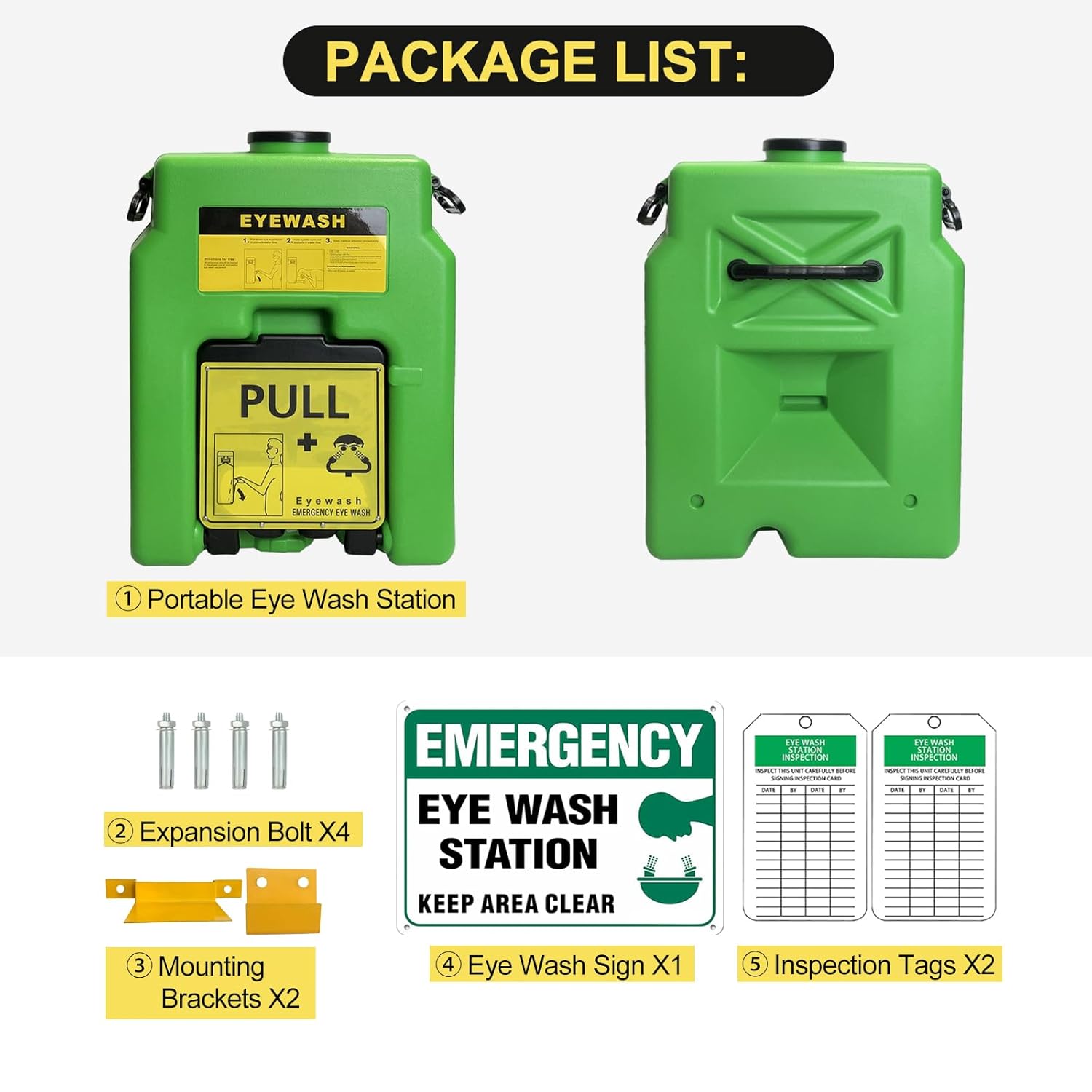 14-Gallon Portable Eye Wash Station OSHA-Approved, Includes Station Sign and 2 Inspection Tags, Wall Mount Eyewash Station, Emergency Eye Washing Station, First Aid Eye Wash Units for Workplace Safety