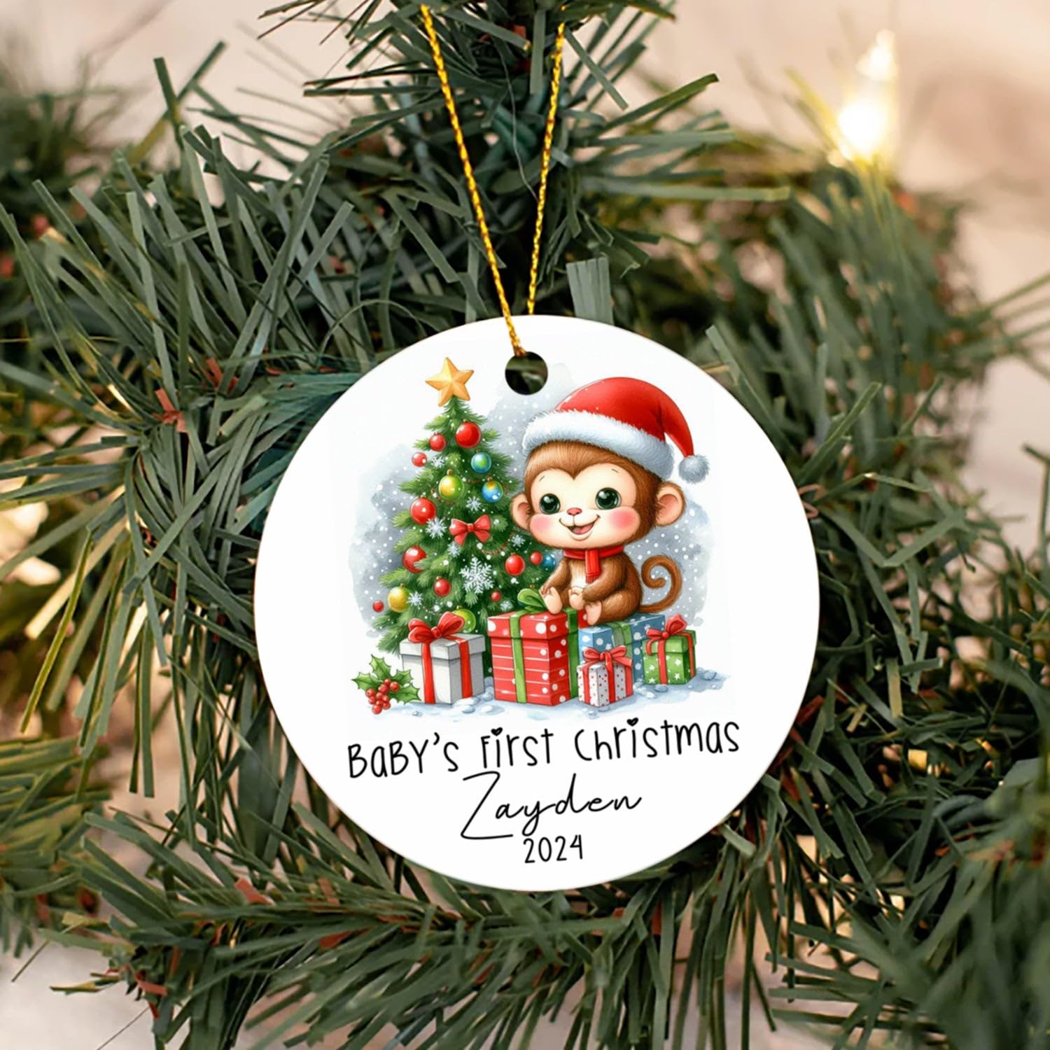 Custom Baby's First Christmas Ornament with Name & Year, Monkey Baby 1st Xmas Tree Ornament Decor, Personalized Monkey Baby's First Christmas Ornament for Kids Boy Girl, New Baby Keepsake Gift