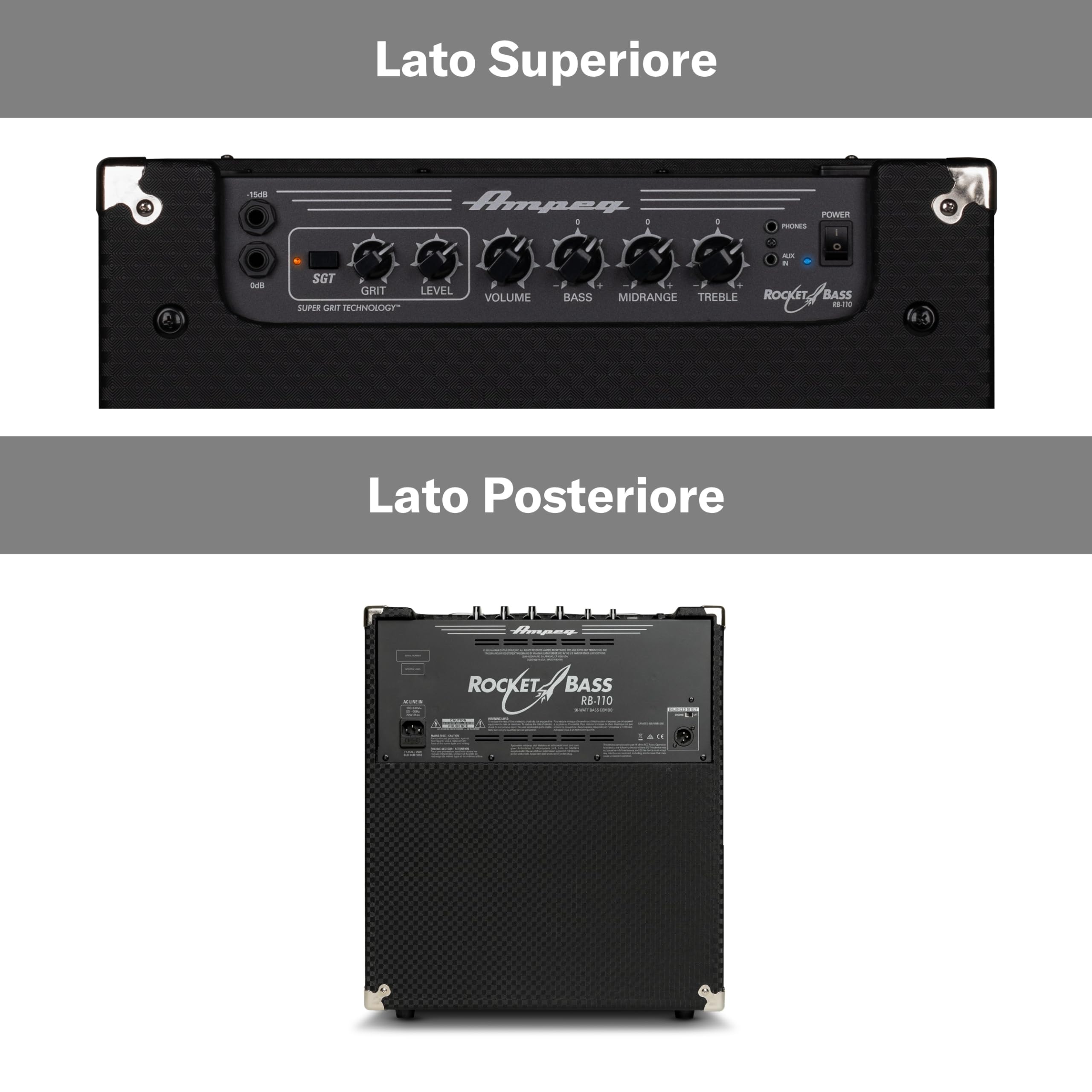 AMPEG RB-110 Combo per Basso – Amplificatore da Studio 50W con Storico Preamp AMPEG, Overdrive SGT, EQ a 3 Bande, Ingresso AUX, Uscita Cuffie, Line Out XLR e Speaker 1x10" – Nero
