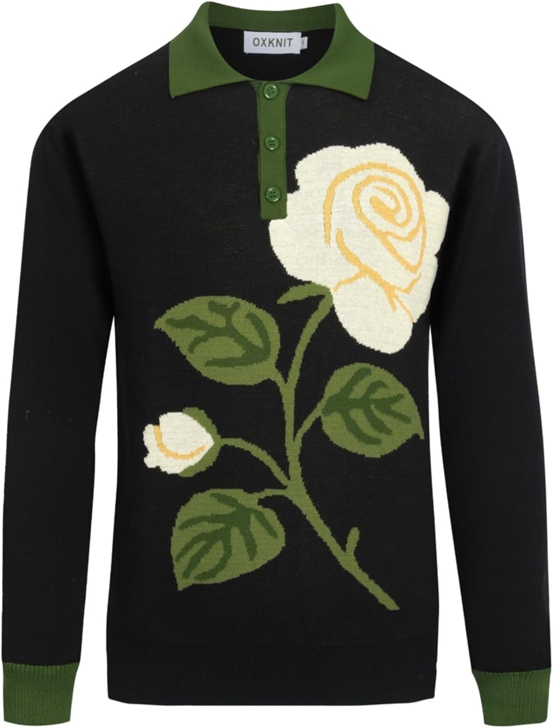 OXKNIT Men’s Knit Long Sleeve Polo Shirts, 1960s Retro Rose Pattern Black Green Pullover Sweater with Quarter Button