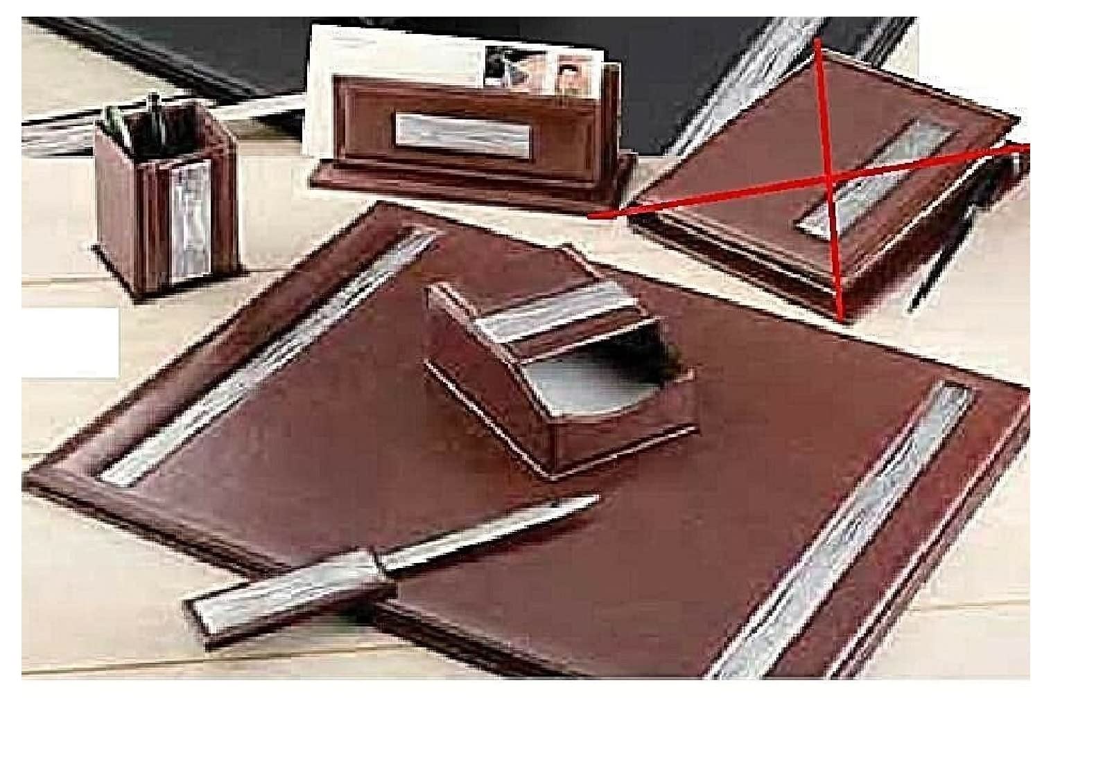 SET UFFICIO e SCRIVANIA 5 PEZZI (RUBRICA con PENNA ESCLUSA) in ECO PELLE MARRONE e nr.5 LASTRE IN ARGENTO 925% 1240/M