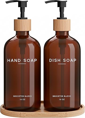 Miniatura 1 de Brighter Barns - Juego de dispensador de jabón para manos y platos de vidrio ámbar, juego de dispensador de jabón de cocina con bandeja, botellas de