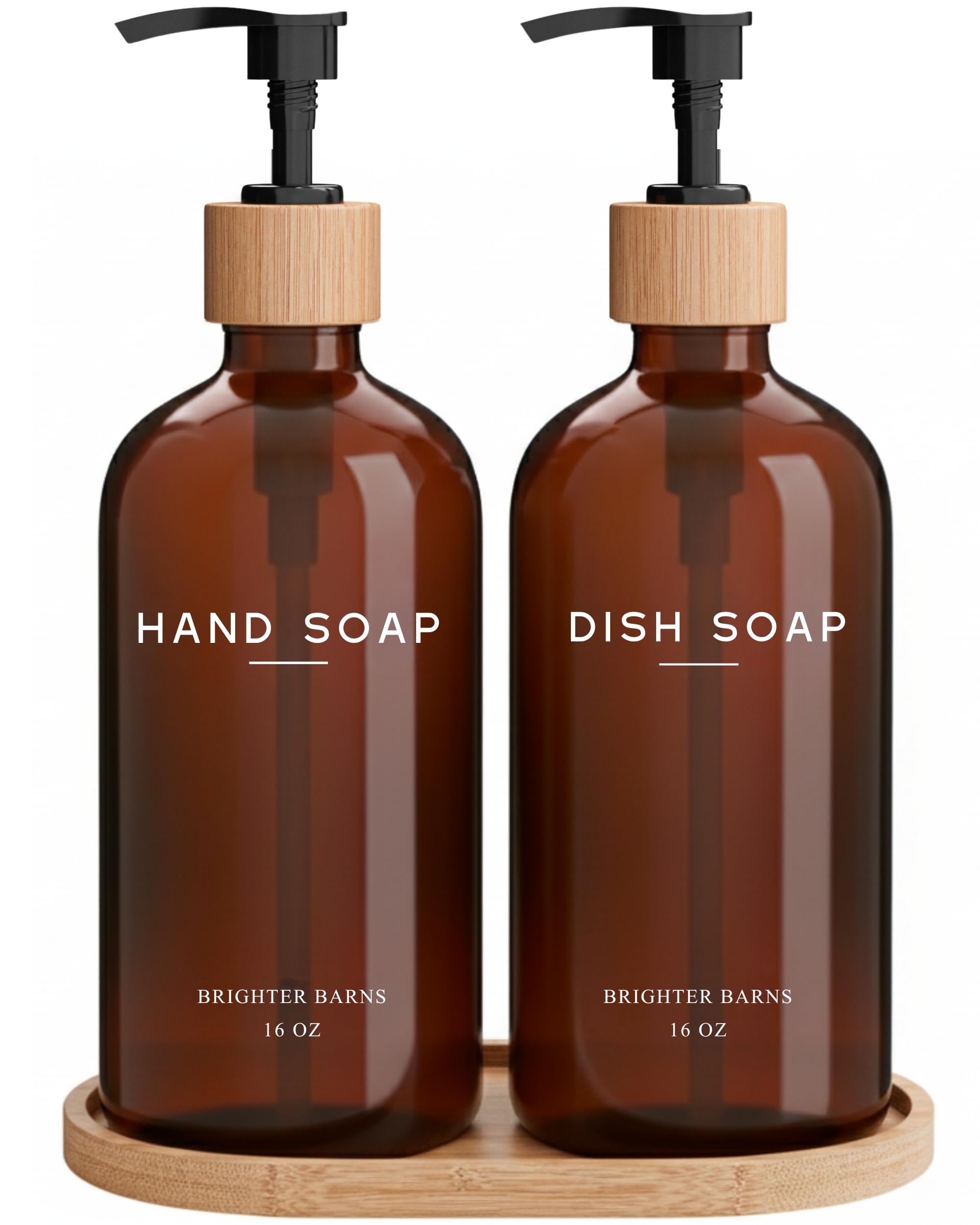 Amber Glass Hand and Dish Soap Dispenser Set by Brighter Barns - Kitchen Soap Dispenser Set with Tray