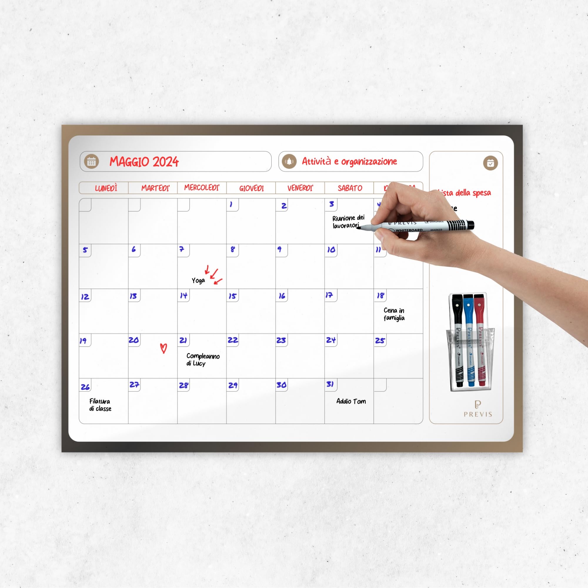 PREVIS Lavagna Calendario Magnetico da Muro Cancellabile Mensile e Settimanale 60x40CM - Planner Lavagna Magnetica da Parete con 3 Pennarelli -Adesivo che non Danneggia il Muro