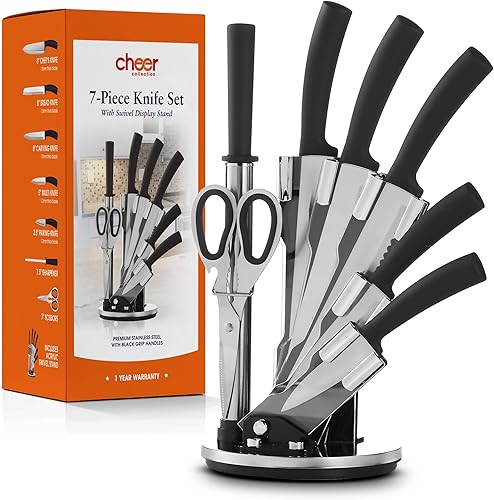 Cheer Collection Juego de cuchillos de chef (7 piezas) con soporte giratorio, cuchillas afiladas y estándar, cuchillos de cocina profesionales con
