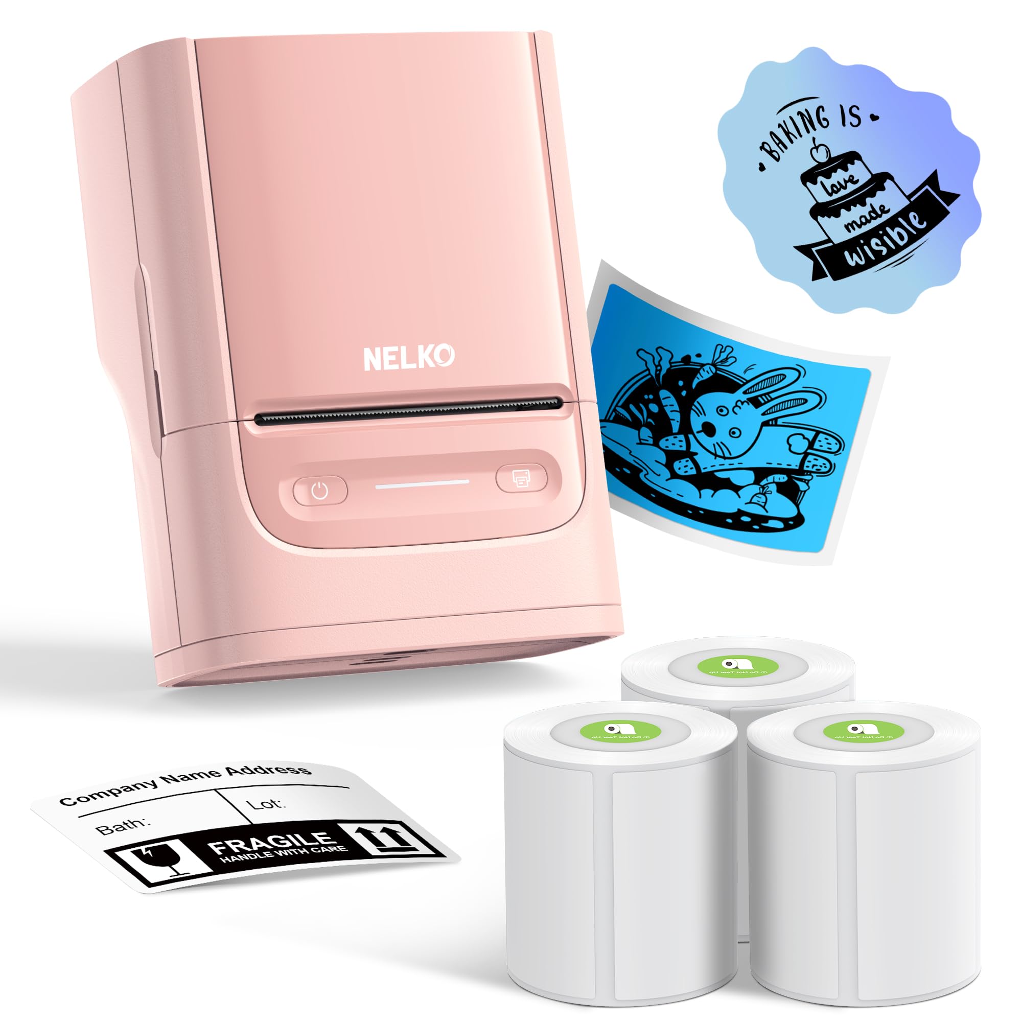 NelkoLabel Maker Machine with Tape, PM220 Bluetooth Label Printer, 2 Inch Portable Thermal Printer for Small Business, Logo, Clothing, Sticker Printer for Phones & PC, with 3 Labels, Pink
