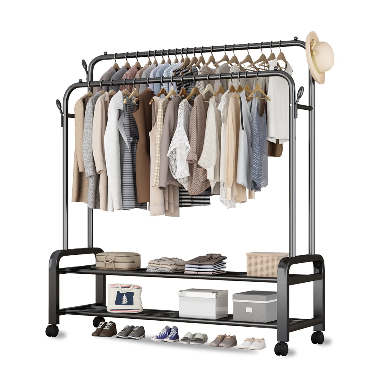 Portant à vêtements double tringle robuste en métal noir de 130 cm