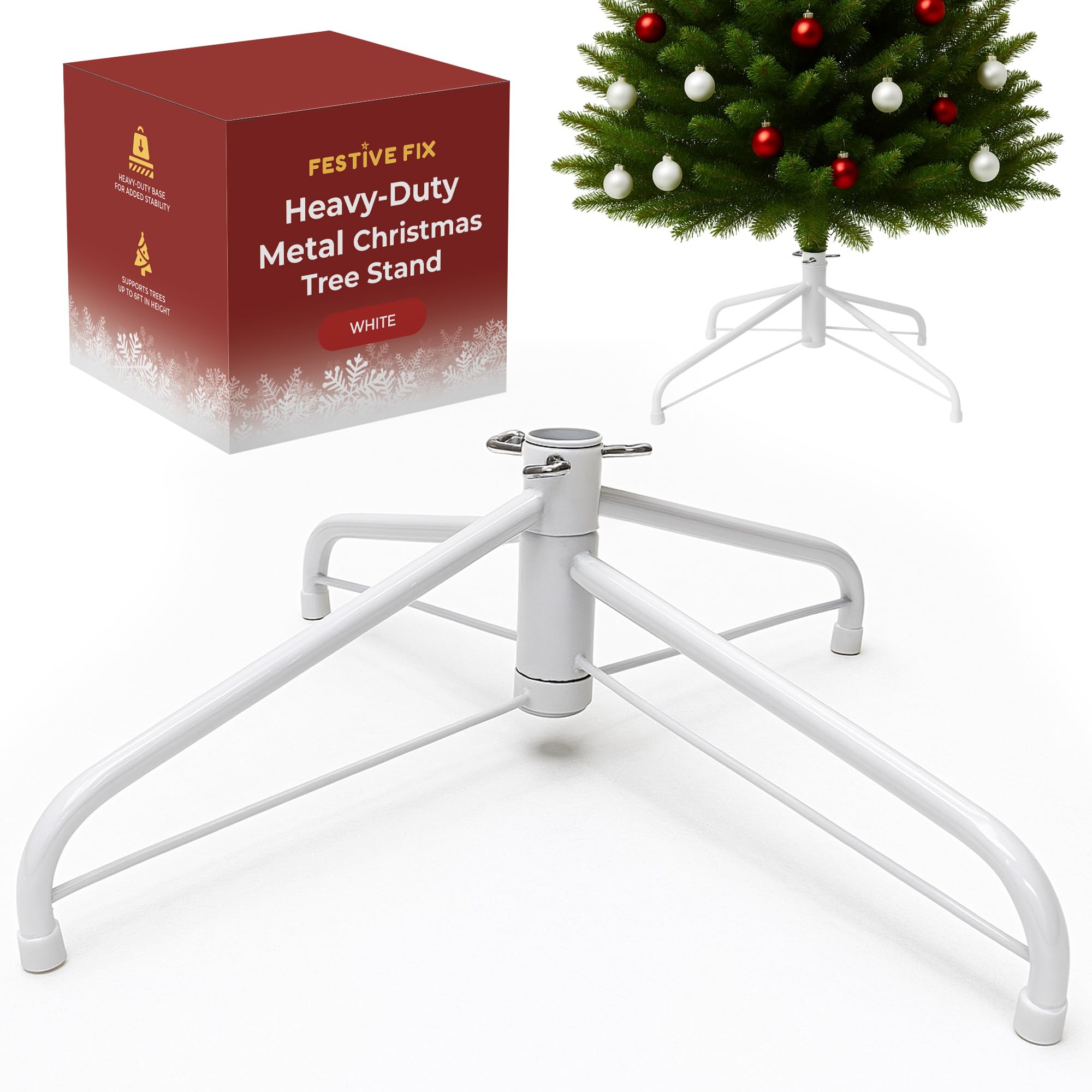 Festive Fix Snowflake White - Artificial Tree Stand Metal Christmas Tree Stand 22X40cm – Heavy-Duty Foldable Base With Adjustable Screws, Sturdy Support For 4Ft–6Ft Artificial Trees – Anti-Slip Rubber Feet – Available In Green & White