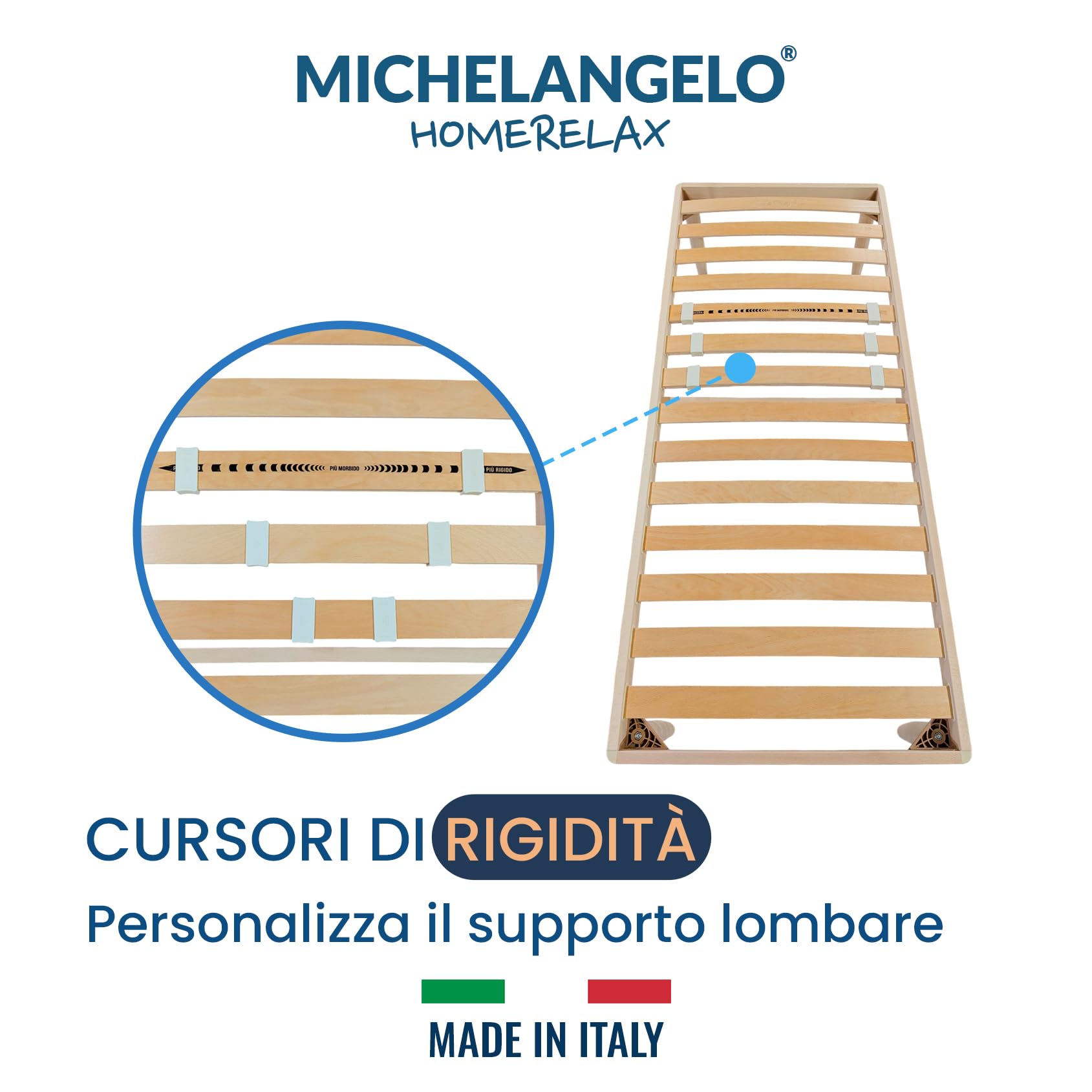 Michelangelo HomeRelax - Rete Letto Singola 80x190 Legno Massello Faggio, Altezza PERSONALIZZATA, Ortopedica, Piedi Smontabili, Doghe in Faggio, Rinforzata, Durevole e Robusta, Made in Italy