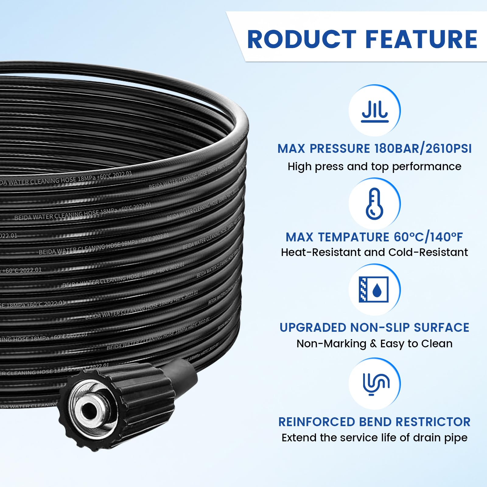20M Tuyau Déboucheur Canalisation Haute Pression, Tuyau Flexible 180 Bar 60°C, Kit Furet Professional avec Adaptateur,Buse Fixe/Rotative, Rallonge De Tuyau Compatible Avec Kärcher K2-K7