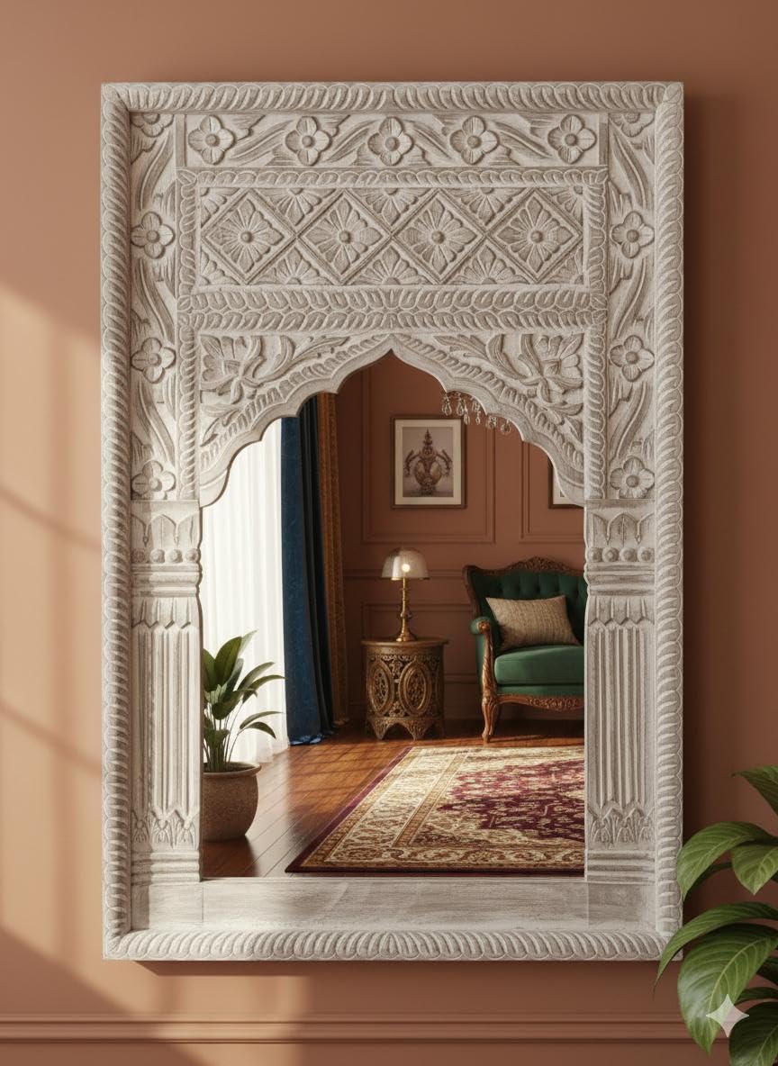 Handcarved Wooden Wall Mirror Frame Whitout Mirror Colour Antique White Size (24x36) inch, Jharokha Mirror, Wall Decor, Distressed Rustic Finish, Intricately Hand Carved Vintage-image-16