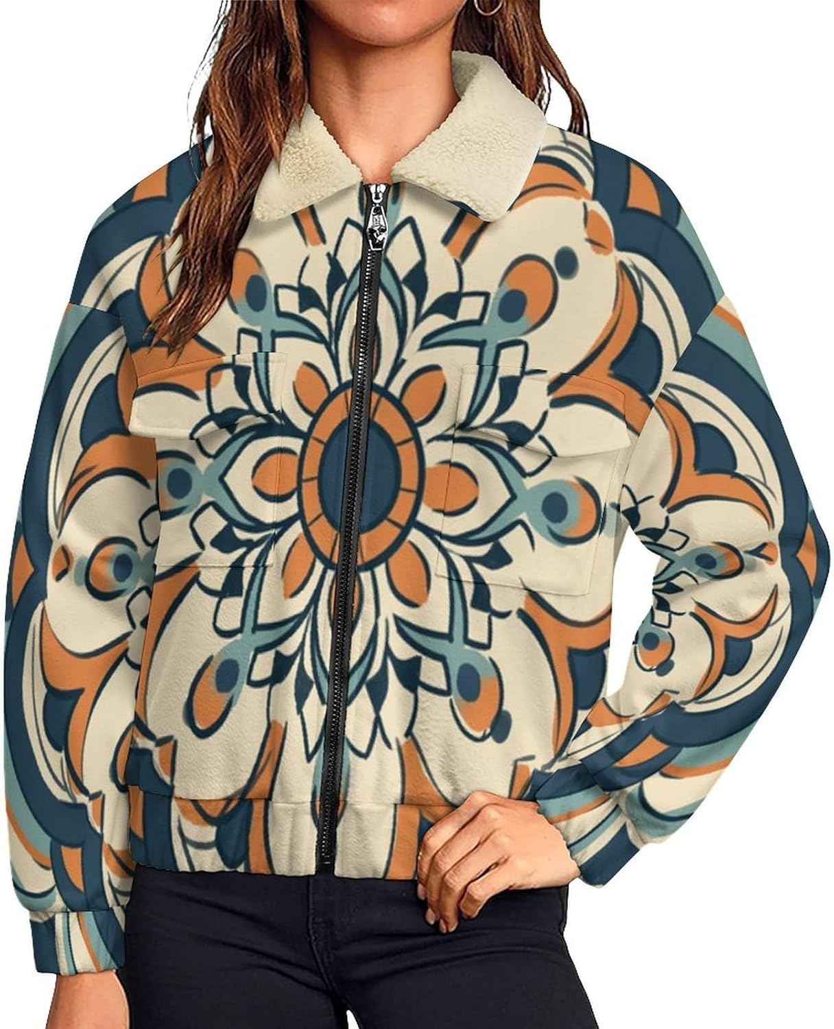 Women Winter Sherpa Lined Fleece Jacket, Long Sleeve Zip Up Mandala flowers Fuzzy Coats Warm Soft Polar Outwear