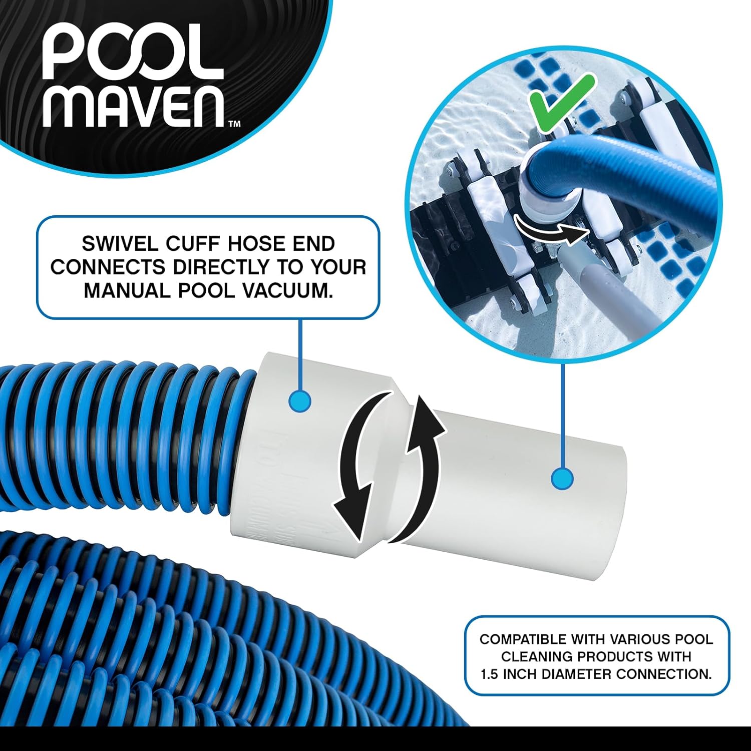 Heavy-Duty Manual Pool Vacuum Hose, 35 Ft x 1-1/2”, Kink-Free Swivel Cuff, Professional Grade Spiral-Wound Design, UV & Chemical Resistant for Inground & Above Ground Pools, Made in USA