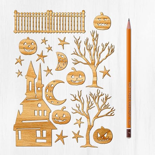 Ajoure Fine Lasercut Embelishments # Halloween Haunted House Spooky Moons Fences Vintage Veneer Wood Contrachapado Silhouette para manualidades