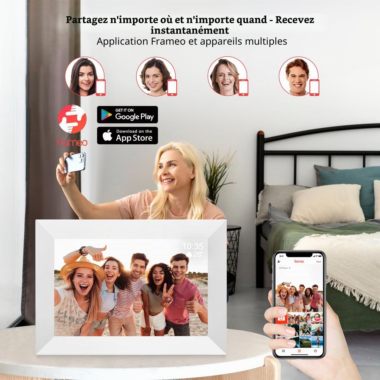 Cadre photo numérique WiFi de 10,1", écran tactile IPS 1280 x 800, cadre numérique intelligent, mémoire de 32 Go, rotation automatique, partage de photos et de vidéos via l'application Frameo (blanc)