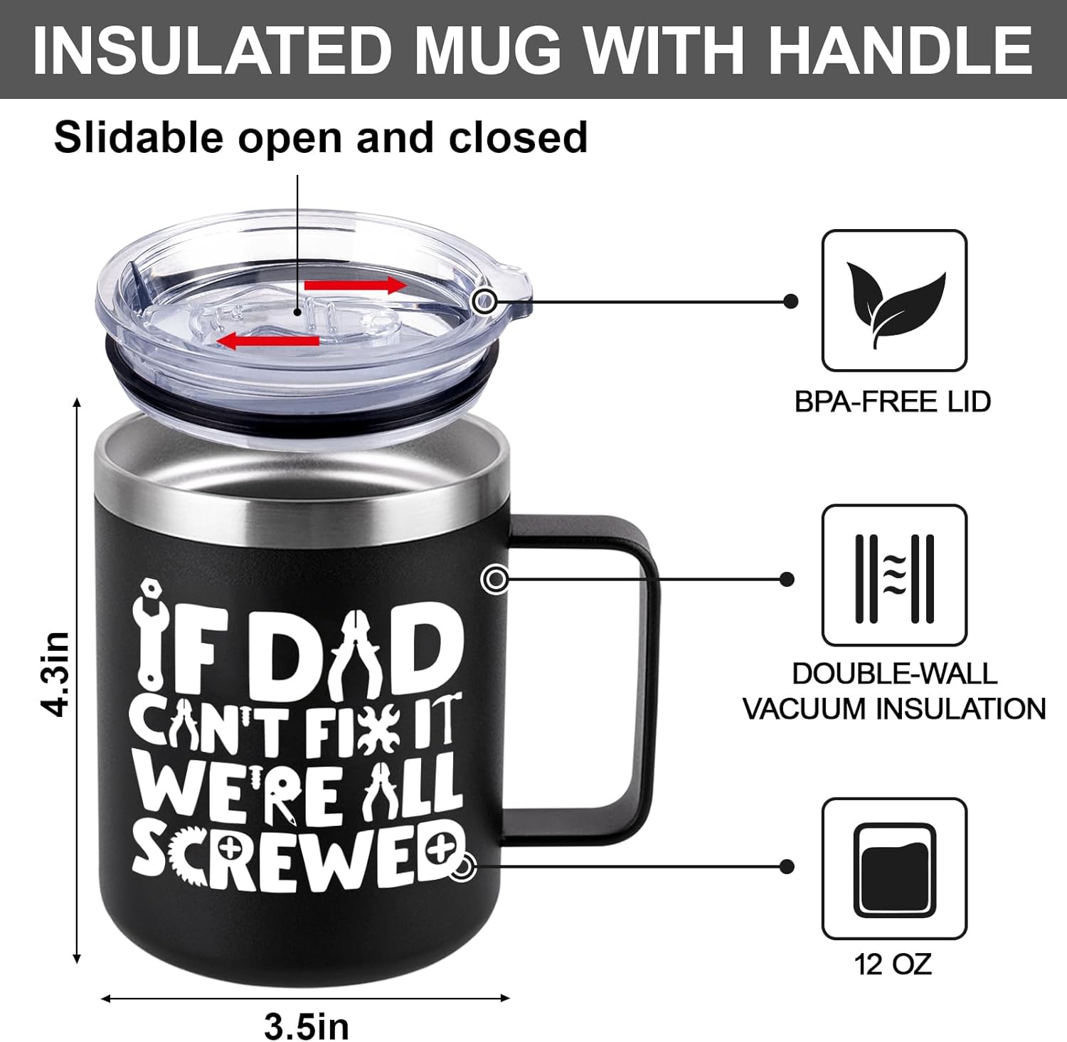 Dad Gifts from Daughter Son, Father Birthday Present 12oz Stainless Steel Insulated Mug Tumbler with Lid for Daddy, Best Dad Ever Gift for Father's Day Christmas - Image 3