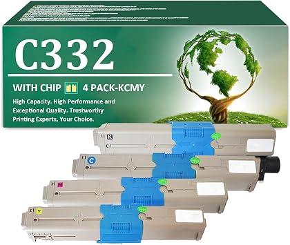 C332 Toner Cartridges Replacement for OKI 46508704 46508703 46508702 46508701 Toner Cartridge with Chip Work for OKI C332 C332dn MC363 MC363dn Printers, 4 Pack(KCMY)