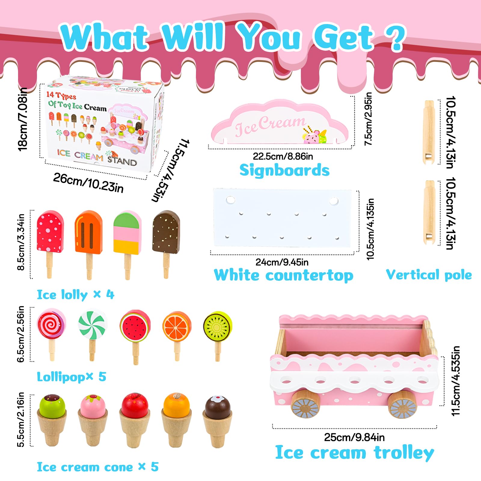 Carrito De Helados De Madera - Juego De Simulación Con Dinero Y Accesorios - Juguete Educativo Para Niños
