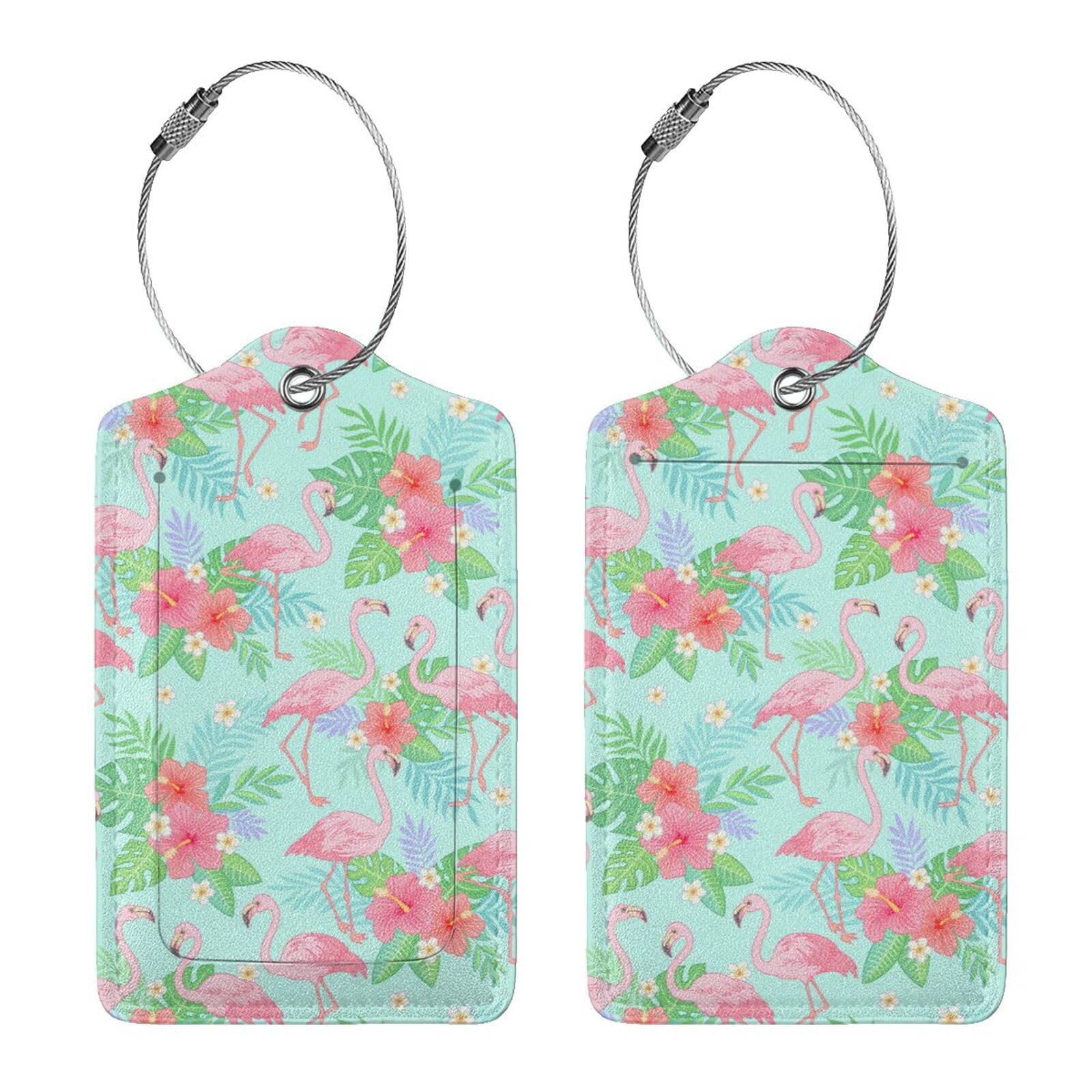 2 Pcs Flamingo Luggage Tag for Suitcase, Identifiers Privacy Cover ID Label with Steel Loop, Cute Flamingo Party Decorations Flowers Leaf Tag