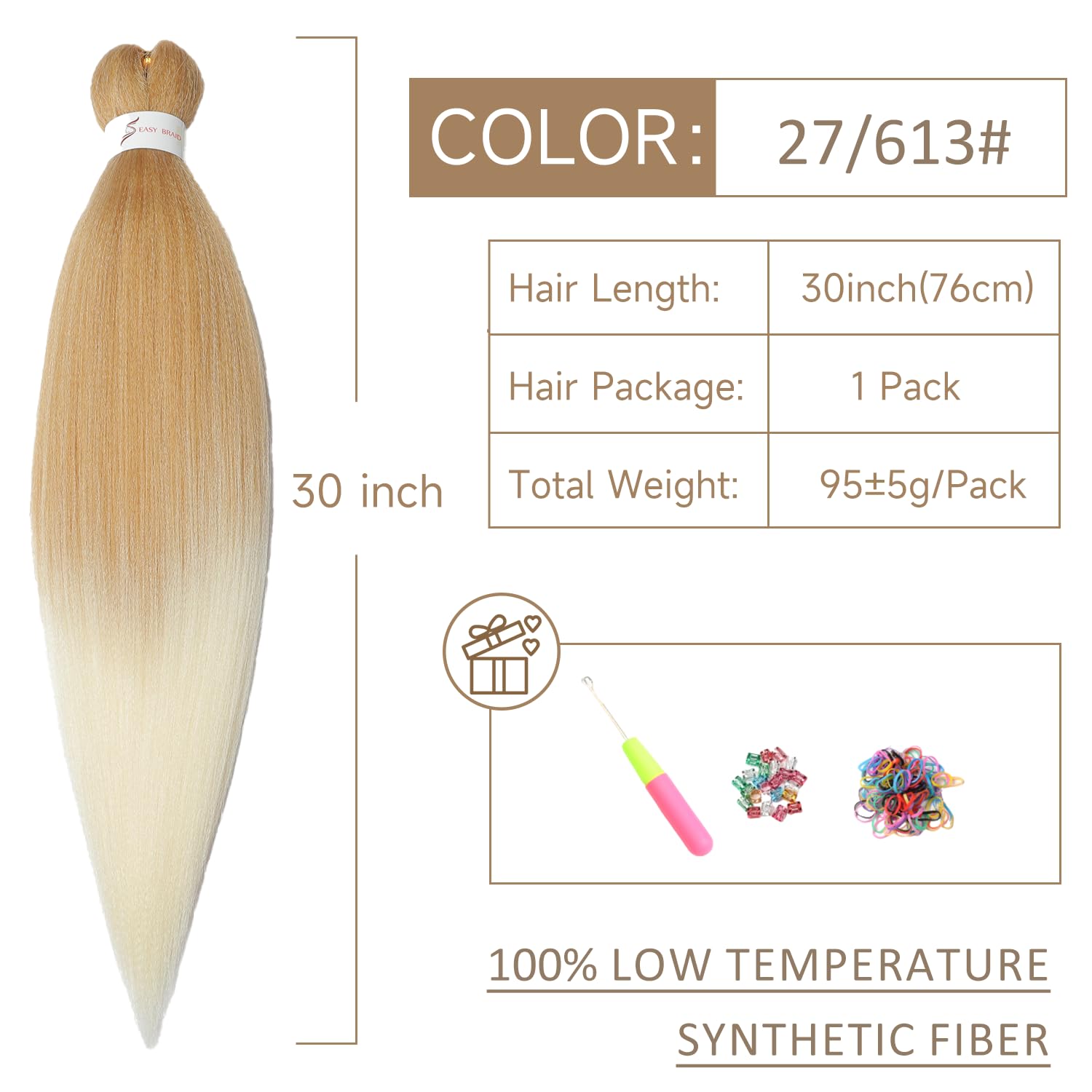 Pre-Stretched Braiding Hair ShowJarlly Soft Free Synthetic Fiber Corchet Braids Natural Black 1Pack/Lot Knotless Braiding Extensions Hot Water Setting Braiding Hair (30inch,T27/613#) - Image 2