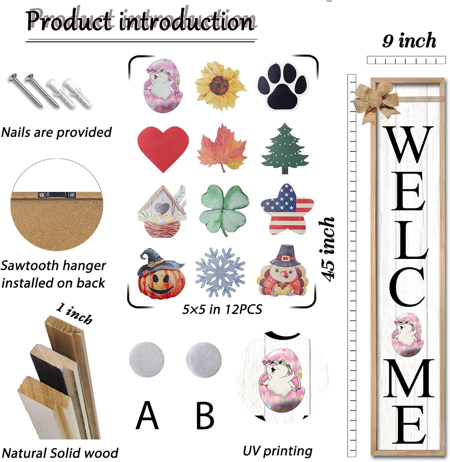 ZZJJHYWGQ Interchangeable Welcome Sign for Front Porch Standing 45"X9" Large Tall Vertical Outdoor Decor Frame With 12 Pcs Designed Icons for Outside Door Decorations (Wood) 45"L x 9"W Interchangeable Welcome Sign (Wood)
