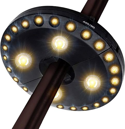 Forlivese Luz para paraguas, 3 brillo, 200 lúmenes, modos inalámbricos, 28 luces LED, 4 pilas AA, luz de poste de sombrilla para sombrillas de