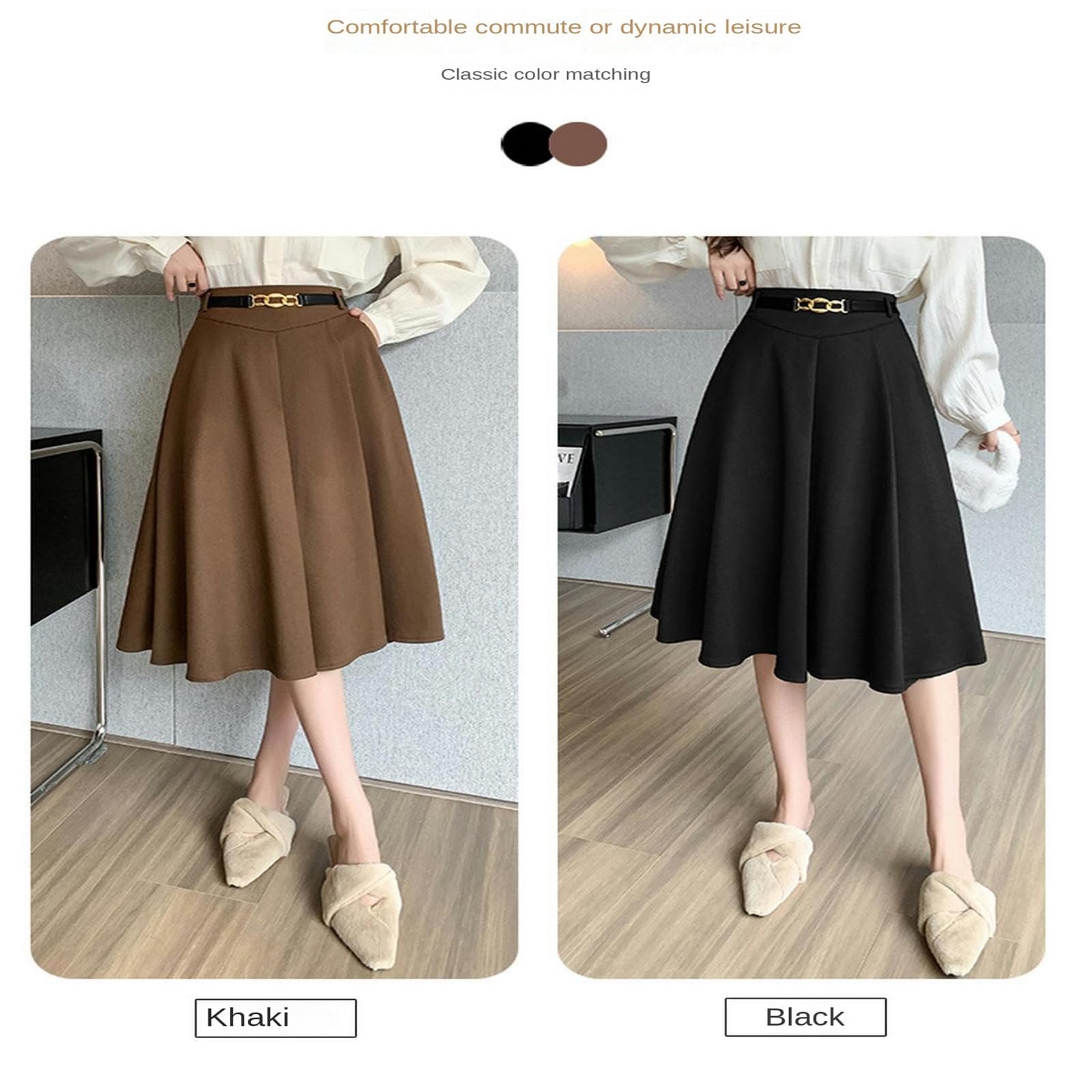 Gonna Lunga Donna Gonna delle Donne Elegante Lunga Midi Gonna Abbinamento Cintura A-Line Colore Autunno Inverno Moda Calda Gonna Plissettata Vita Alta-Nero-XL