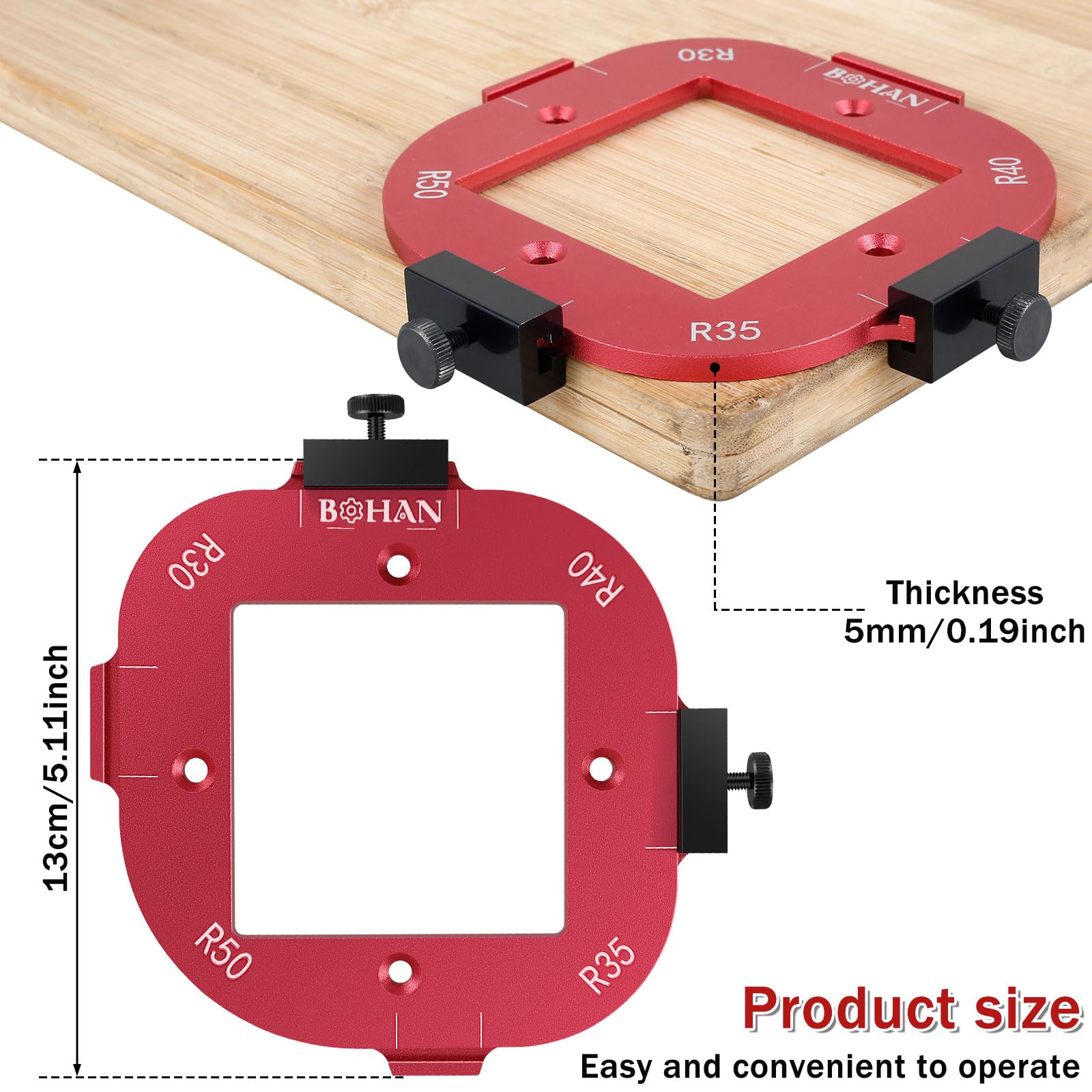 Stencil di fresatura a raggio d'angolo, in lega di alluminio, raggio Jig Router Templates R30 R35 R40 R50 Radius Jig Router Stencil Corner Radius Jig per lavorazione del legno (R30+R35+R40+R50)