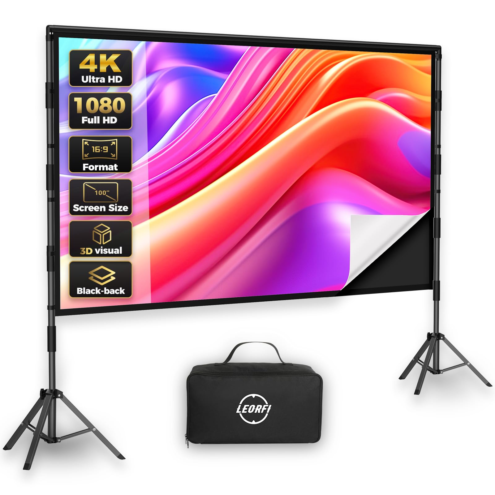 Écran de projection 100" avec trépied – Toile de projection d'extérieur et d'intérieur avec dos noir, pliable, portable, 16:9 4K HD, avec sac de transport pour jardin et home cinéma