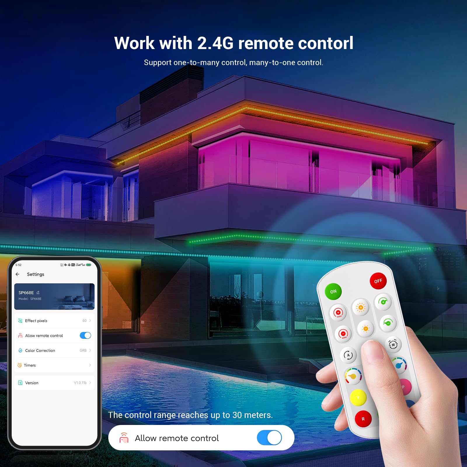 Addressable LED Strip Light Kit COB RGB SPI 5m 24V WS2811 IC alle 10cm steuerbar App Bluetooth + RF Fernbedienung hohe Helligkeit CRI90 schmaler 8mm LED Streifen für Innenbeleuchtung TV Küche Möbel