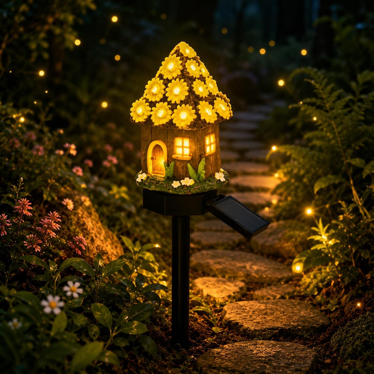 Solar Fairy-Tale Mushroom Cottage Garden Light,Waterproof LED Outdoor Mushroom House Statue Decor Lamp,Resin Cottage Garden Stake Lights,Auto On/Off Landscape Pathway Light for Yard Lawn Flower Bed
