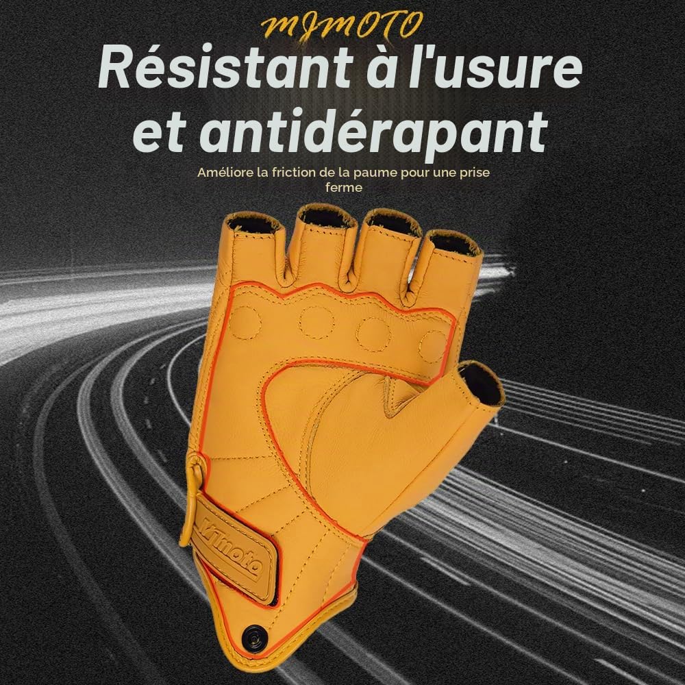 Gants rétro demi-doigts jaunes en cuir unisexe | Perforations respirantes, poignée antidérapante, fermeture