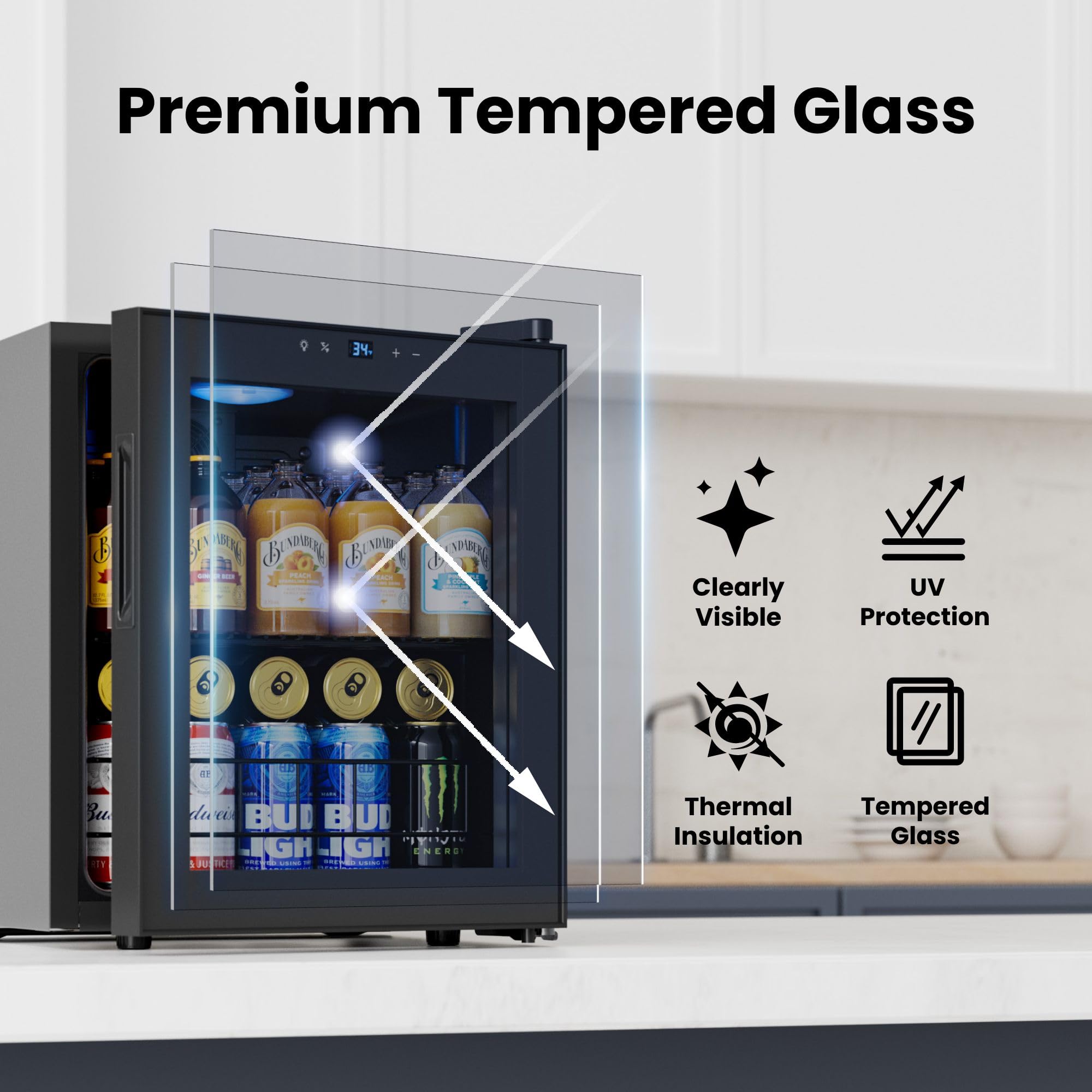 YEEGO Beverage Refrigerator, 65 Can Mini Fridge With Glass Door, Digital Temperature Control 34°F-54°F, Countertop Drink Cooler For Soda, Beer And Wine, Black on Fridge.com - View 5