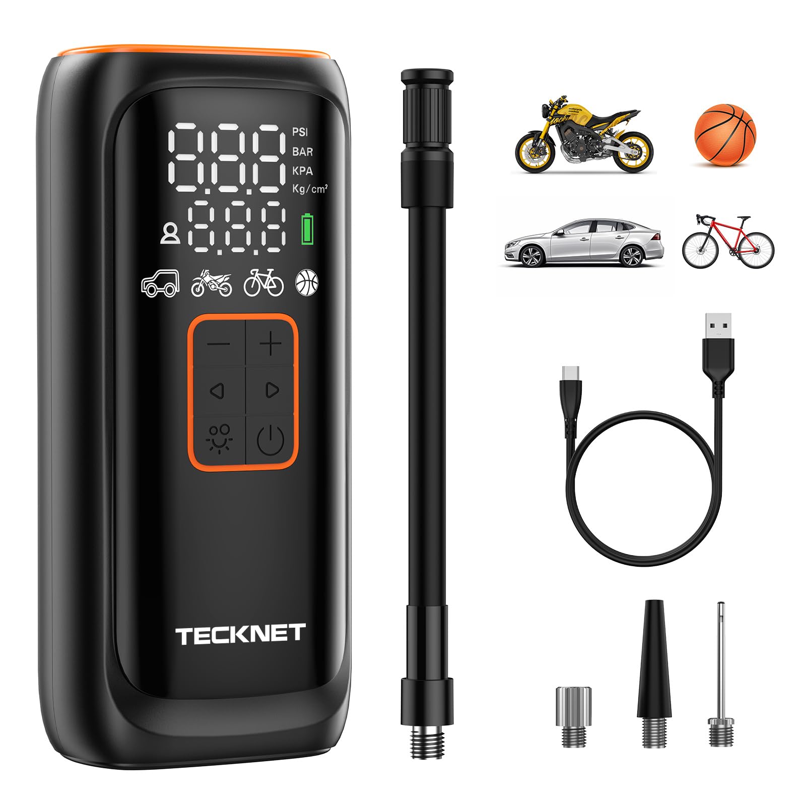 TECKNET Tyre Inflator Cordless Compressor, Portable Air Electric Bike Pump 150 PSI with Digital Display, Pressure Gauge and LED Light,Rechargeable Tyre Accessoriesfor Car Motorcycle, Bike,Ball