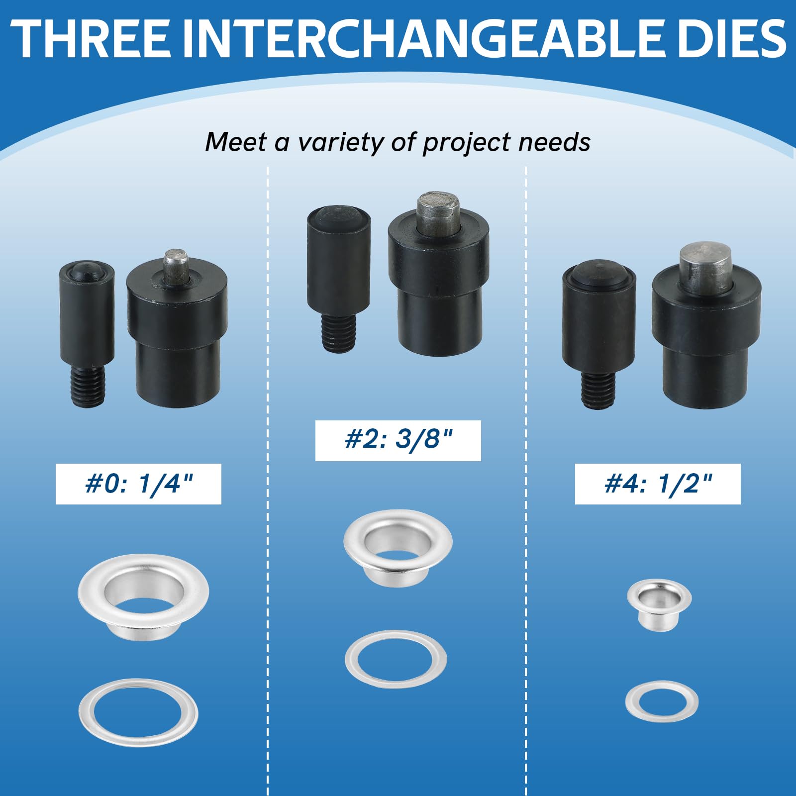 MYFULLY Kit per punzonatrice a mano con occhielli industriali resistenti, con 3 fustelle intercambiabili (#0 # 2 # 4) e 1500 occhielli argento (1/4", 3/8", 1/2")