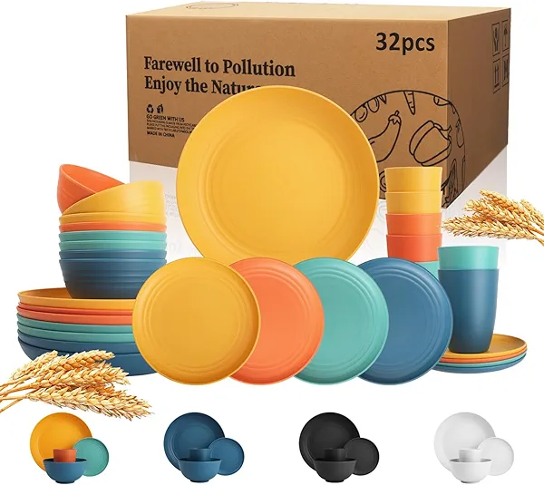 Wrova Wheat Straw Dinnerware Set of 32, Unbreakable Dinner Plates and Bowls Dishes Sets Service for 8,Dishwasher Safe Dinnerware Sets for Kitchen and Camping.Vibrant Series