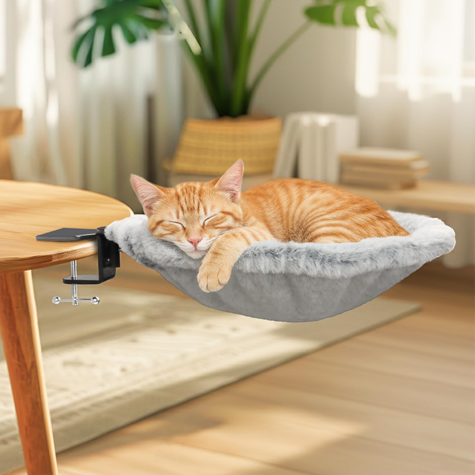 Percha de escritorio para gatos, hamaca cama de escritorio para gatos - capacidad de 20 kg, espacio de trabajo con abrazadera y tela lavable, diseño que ahorra espacio