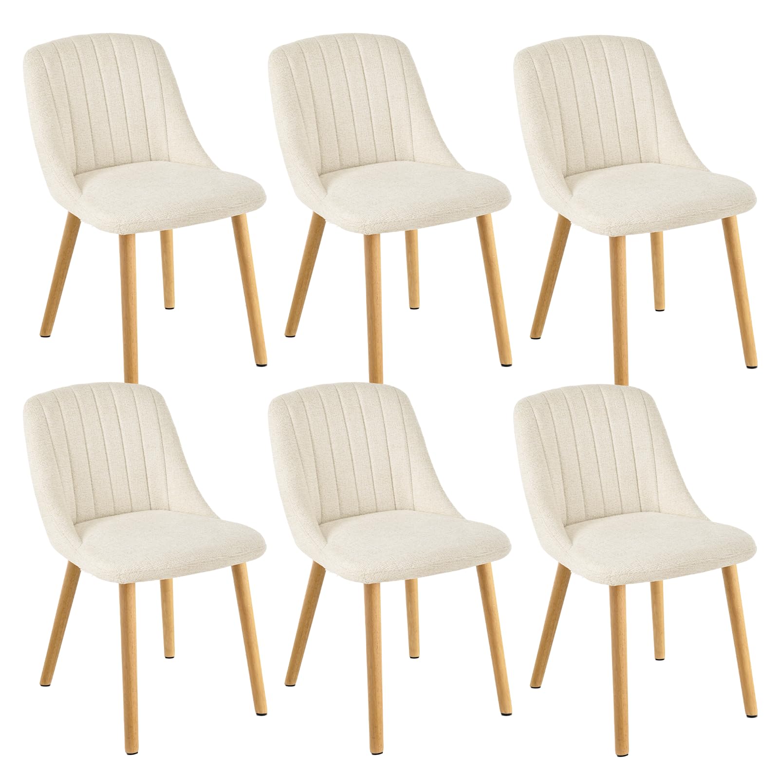 Lot de 6 Chaises de Salle à Manger Blanches avec Pieds en Bois, Chaises Rembourrées en Tissu Chenille, pour Cuisine, Salle à Manger, Salon et Bureau