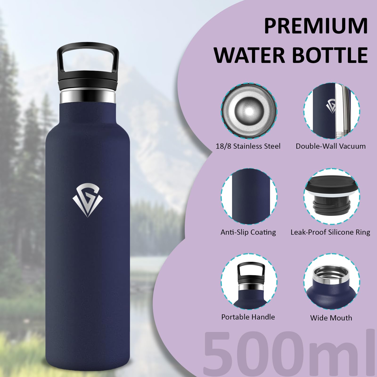 Borraccia Termica, 500ml Borraccia, Borracia con Cannuccia, Senza Perdite, Bottiglia Termica Con 2 Coperchi, Isolato Sottovuoto, Borracce Termiche per Campeggio, Uffici, Palestra, Viaggio