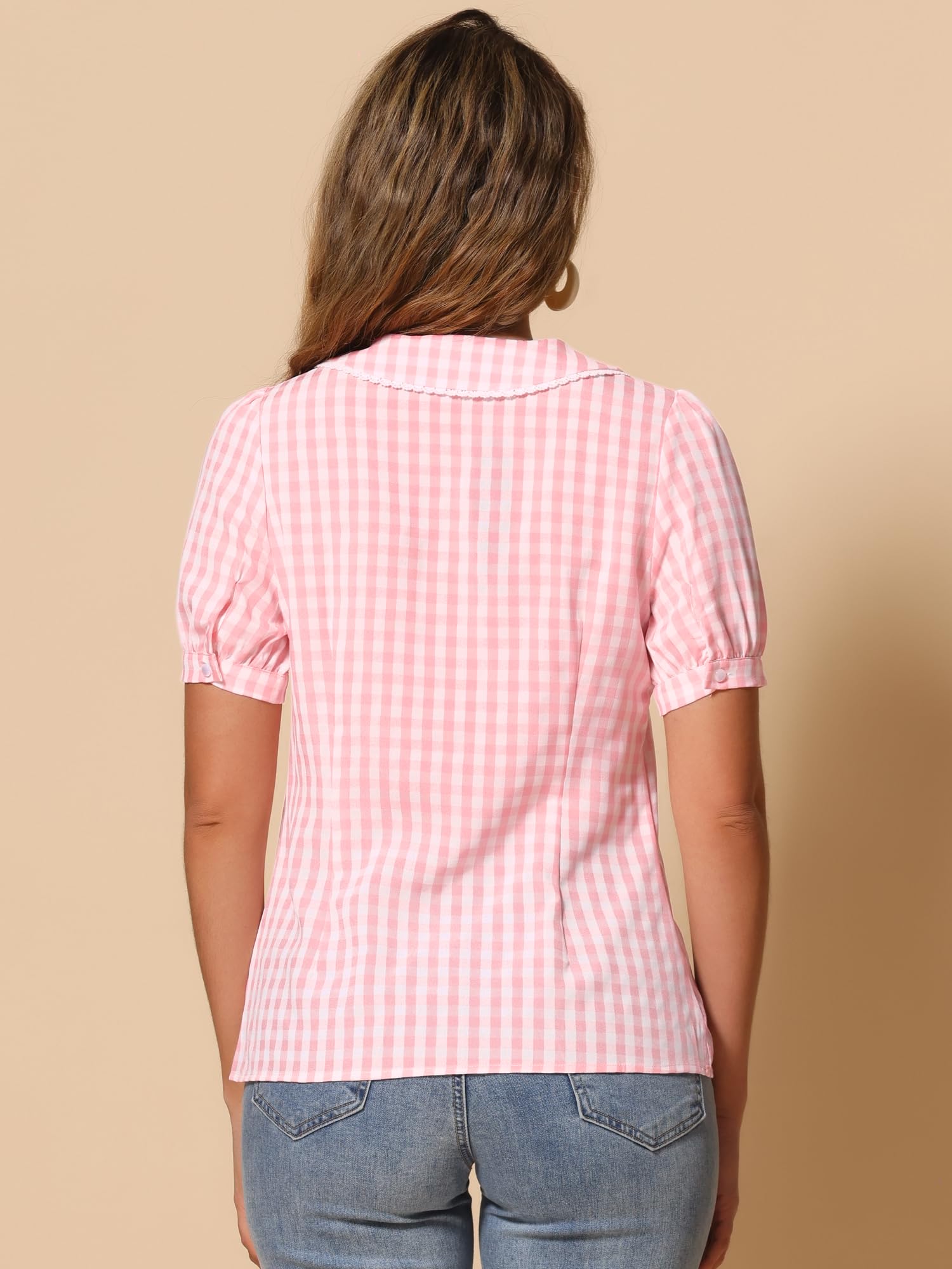 Allegra K Chemise d'été à carreaux à manches courtes et col claudine boutonné pour femme