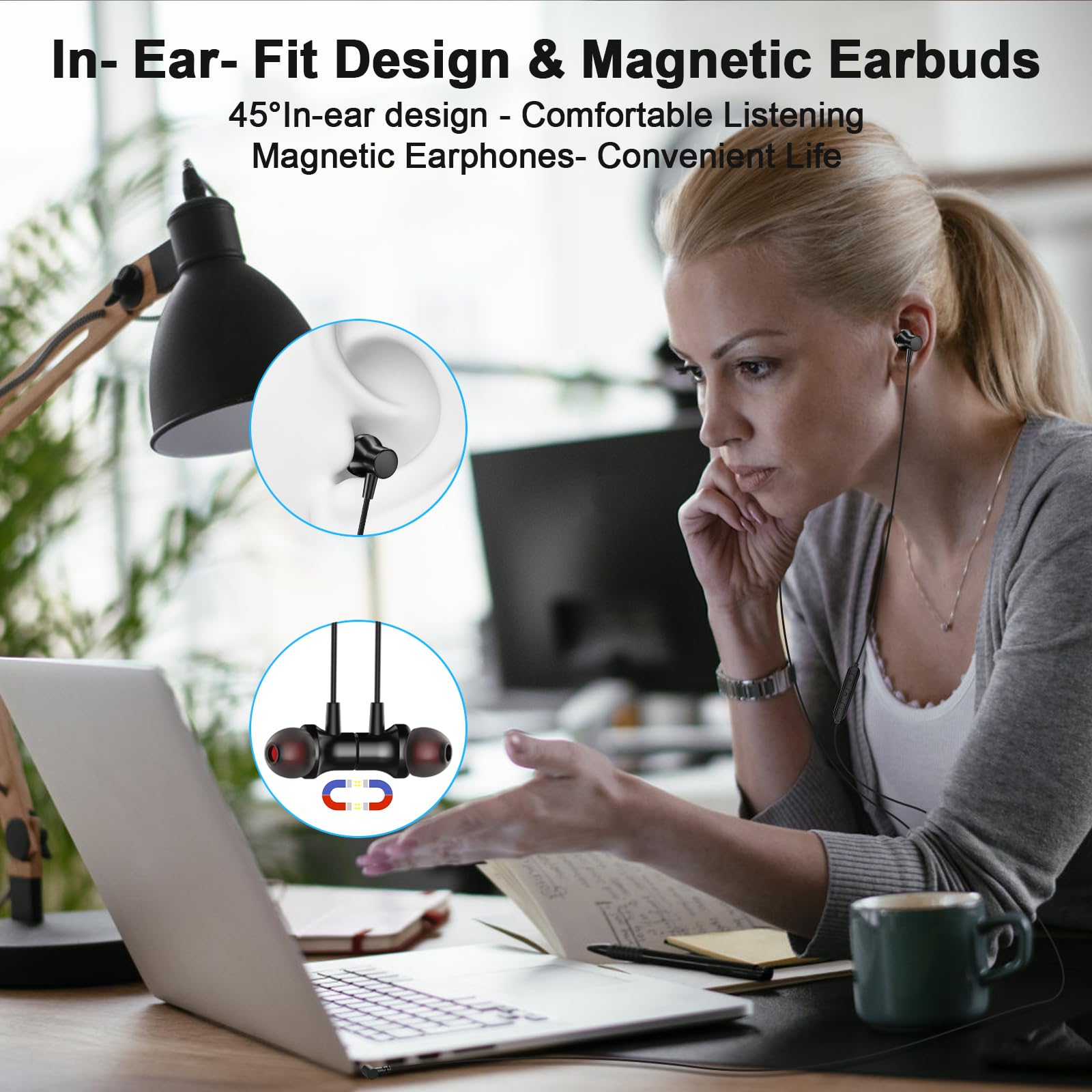 Jelanry Écouteurs filaires de 3,5 mm avec suppression du bruit avec micro, audio intra-auriculaire magnétique coudé - Jack 3,5 mm - HiFi stéréo - Contrôle du volume des appels clairs - Pour Kindle