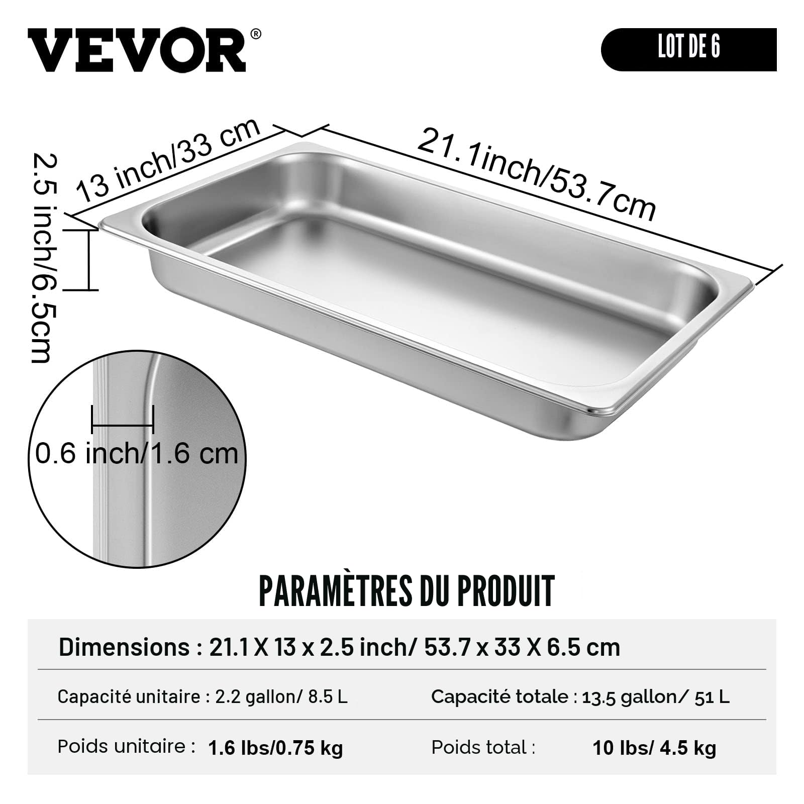 VEVOR Bac Inox Alimentaire Lot de 6 Plats à Four en Acier Inoxydable 8,5L Épaisseur 0,8mm Bac Poli Rectangulaire Effet Miroir Aliments Chauds et Froids pour Cuisine de Restaurant Gril Gâteaux Tartes