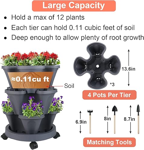 Miniatura 5 de Macetero vertical apilable de 4 niveles, macetas de jardín, fresas, hierbas, flores y verduras, macetas de jardinería para interiores y exteriores,