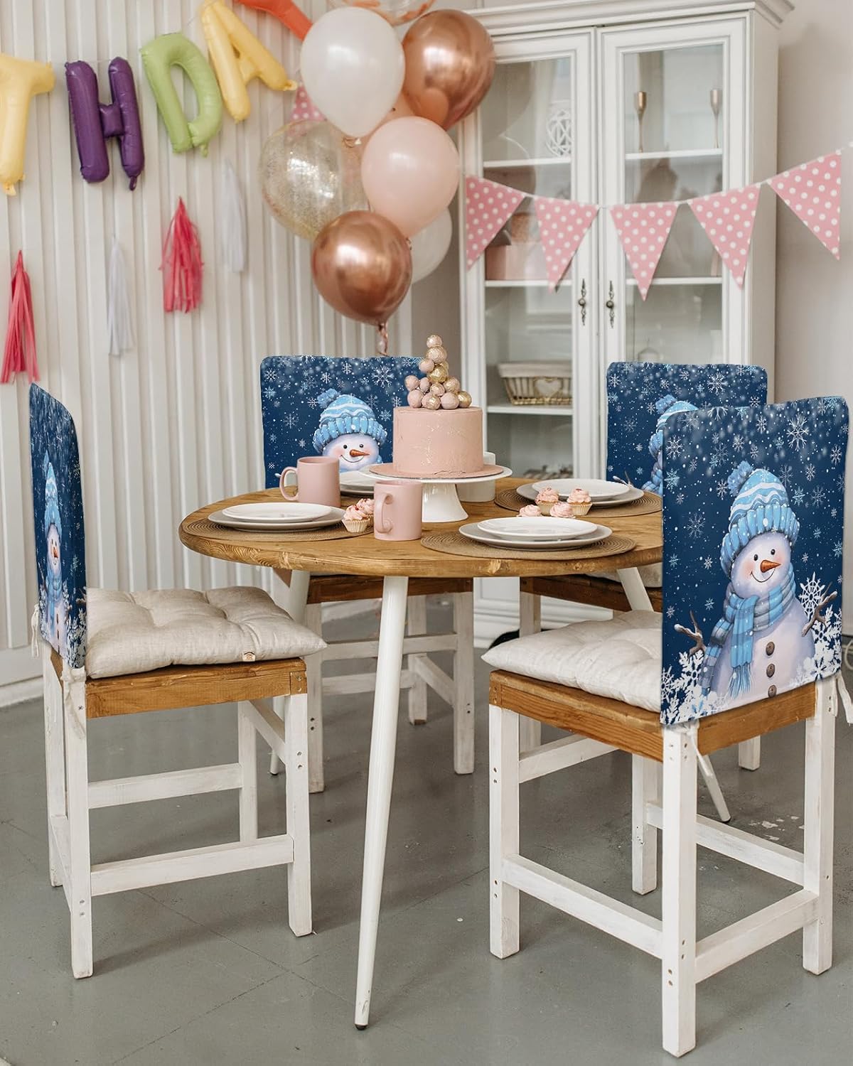 Christmas Chair Back Cover Snowman Snowflake Dining Chair Slipcovers Blue Removable Strench Chair Protector for Kitchen Decoration Set of 4