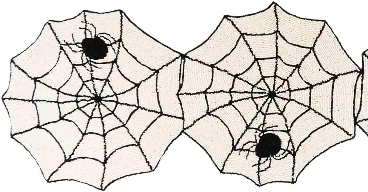 Halloween Bead Table Runner, Embroidered Spiderweb Runner in White and Black, Halloween Dining Table Décor - 35x 13 in