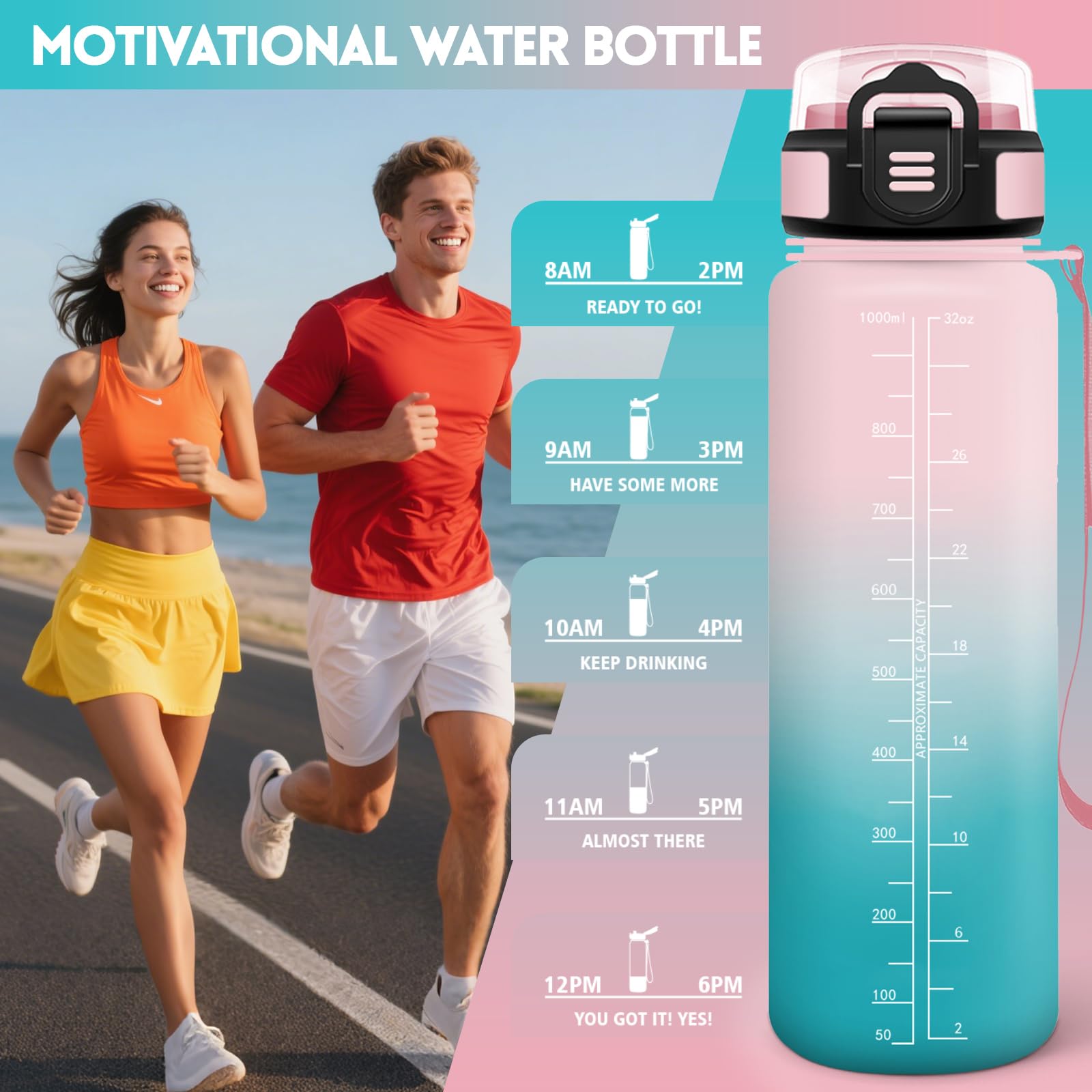 Mulbijeo Borraccia 1 Litro, Libre de BPA & Reutilizables, Borracce con Cannuccia, A Prova di Perdita, Borraccia Motivazionale, Portatile, Borracce Palestra per Scuola, Palestra, Ufficio, Festa